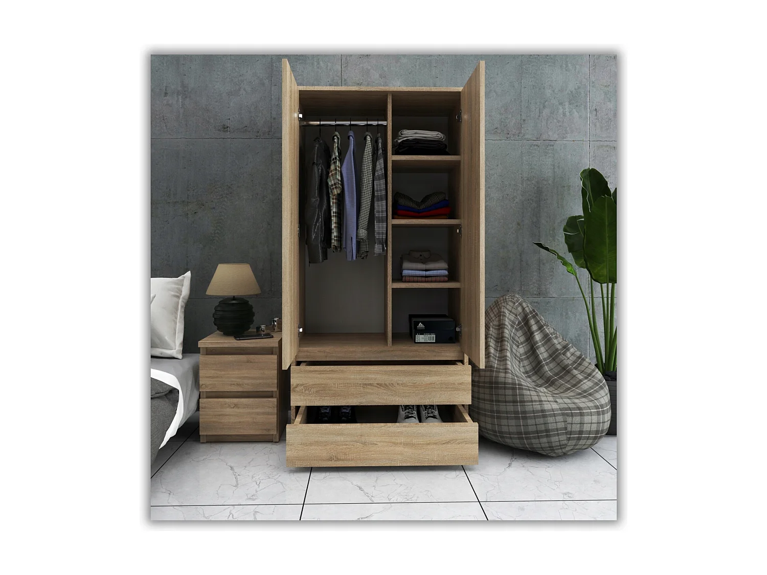 Armoire Dressing Moderne 90 cm – 2 Portes, 2 Tiroirs,  Chêne Sonoma– Grande Capacité de Rangement