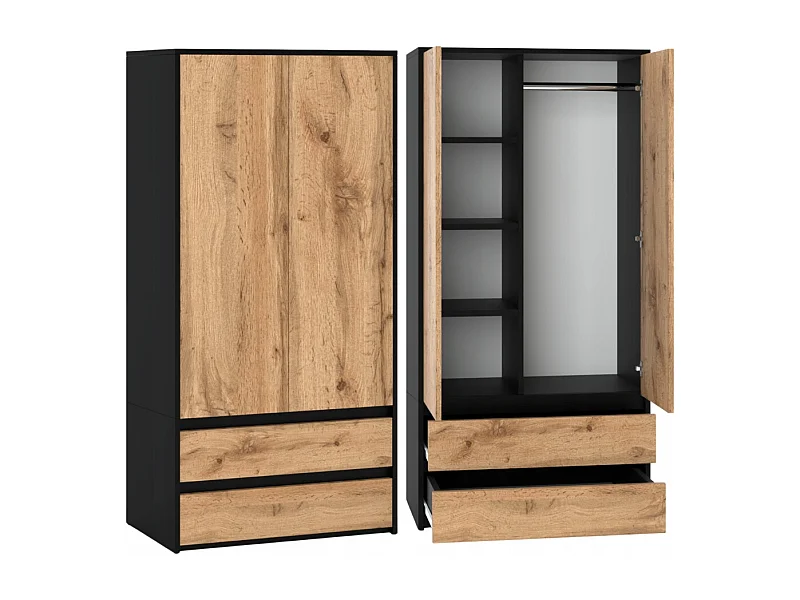 Armoire Dressing Moderne 90 cm – 2 Portes, 2 Tiroirs,  Noir + Chêne Wotan – Grande Capacité de Rangement