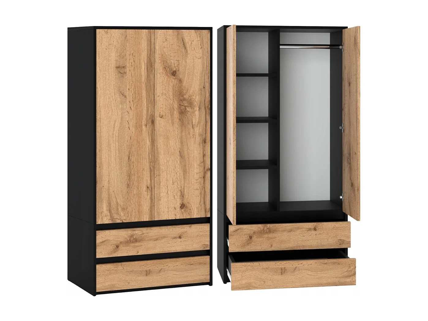 Armoire Dressing Moderne 90 cm – 2 Portes, 2 Tiroirs,  Noir + Chêne Wotan – Grande Capacité de Rangement
