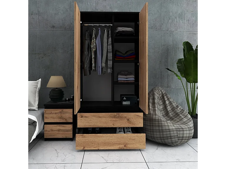 Armoire Dressing Moderne 90 cm – 2 Portes, 2 Tiroirs,  Noir + Chêne Wotan – Grande Capacité de Rangement