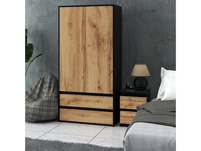 Armoire Dressing Moderne 90 cm – 2 Portes, 2 Tiroirs,  Noir + Chêne Wotan – Grande Capacité de Rangement