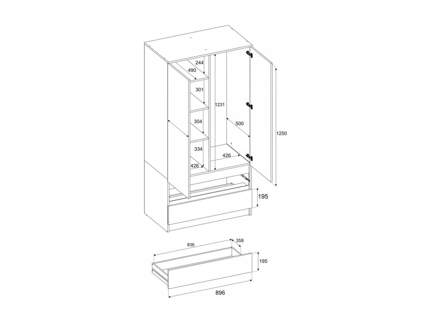 Armoire Dressing Moderne 90 cm – 2 Portes, 2 Tiroirs,  Noir + Chêne Wotan – Grande Capacité de Rangement
