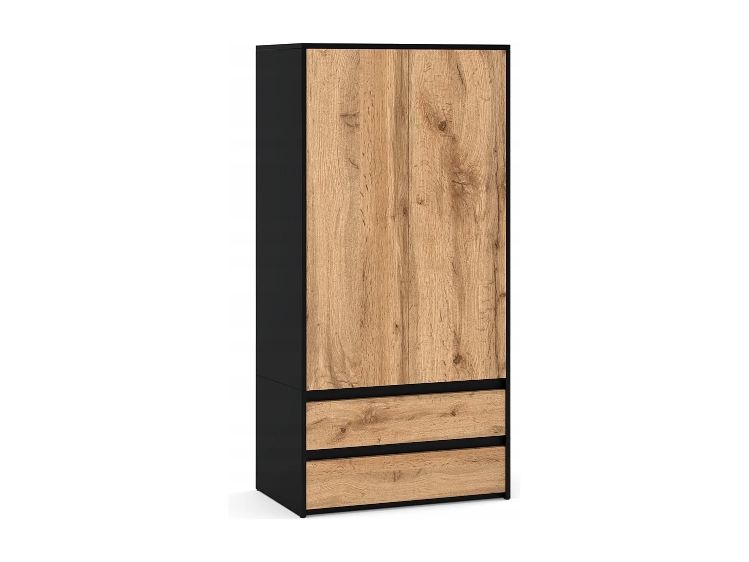 Armoire Dressing Moderne 90 cm – 2 Portes, 2 Tiroirs,  Noir + Chêne Wotan – Grande Capacité de Rangement