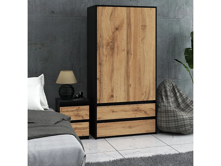 Armoire Dressing Moderne 90 cm – 2 Portes, 2 Tiroirs,  Noir + Chêne Wotan – Grande Capacité de Rangement