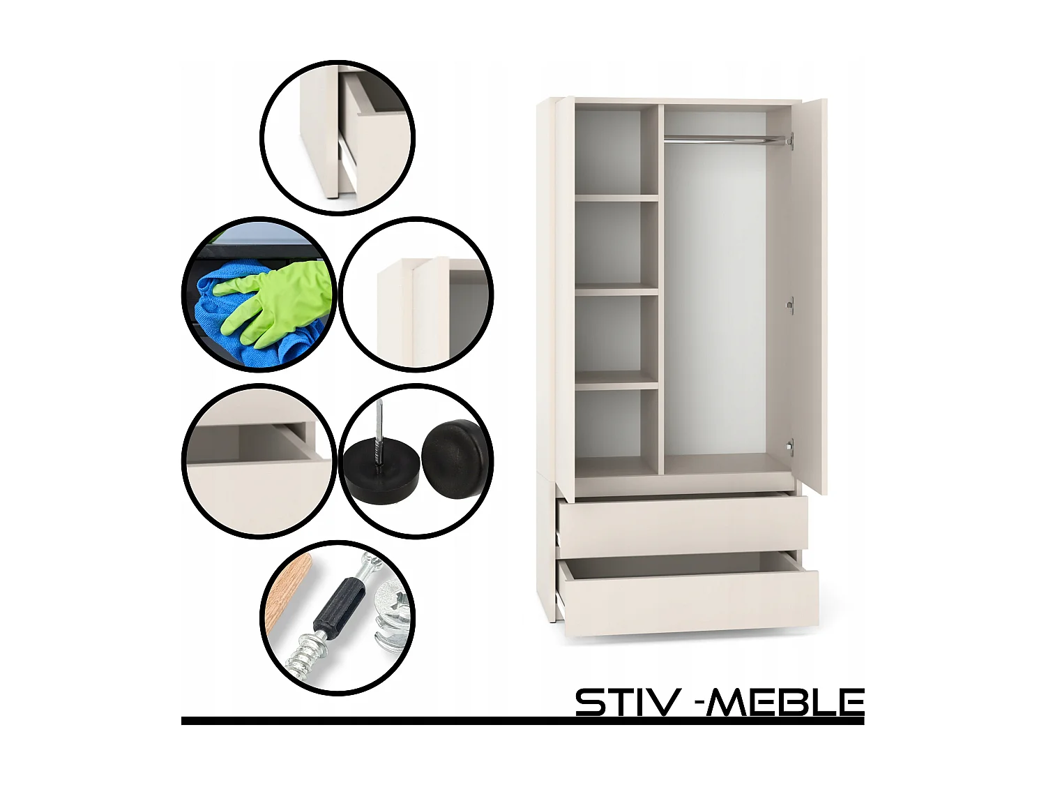 Armoire Dressing Moderne 90 cm – 2 Portes, 2 Tiroirs, Cachemire / Beige  – Grande Capacité de Rangement