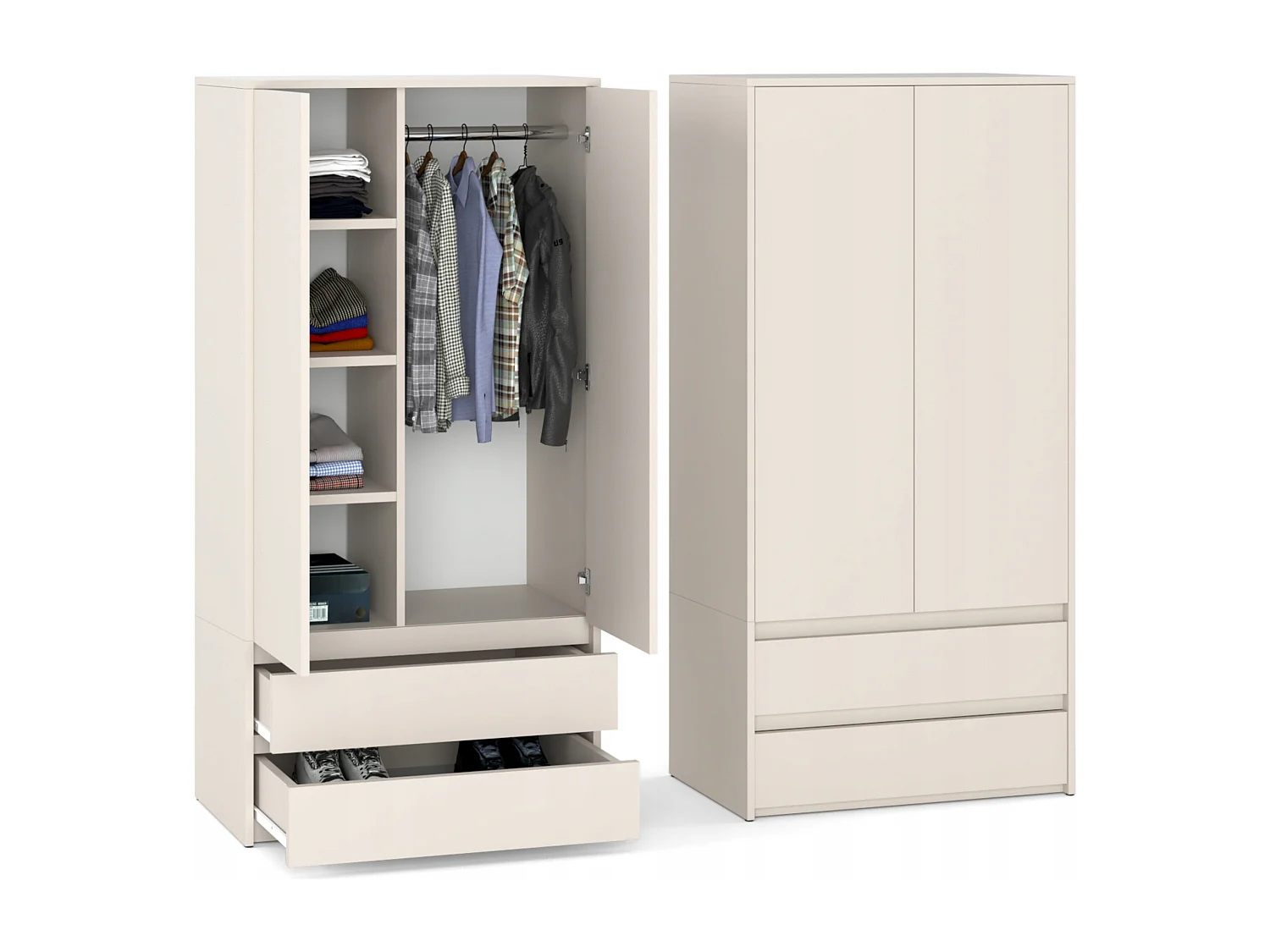 Armoire Dressing Moderne 90 cm – 2 Portes, 2 Tiroirs, Cachemire / Beige  – Grande Capacité de Rangement