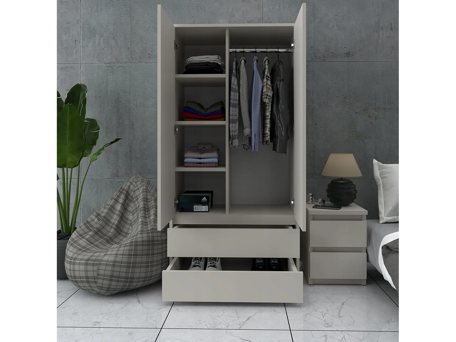 Armoire Dressing Moderne 90 cm – 2 Portes, 2 Tiroirs, Cachemire / Beige  – Grande Capacité de Rangement