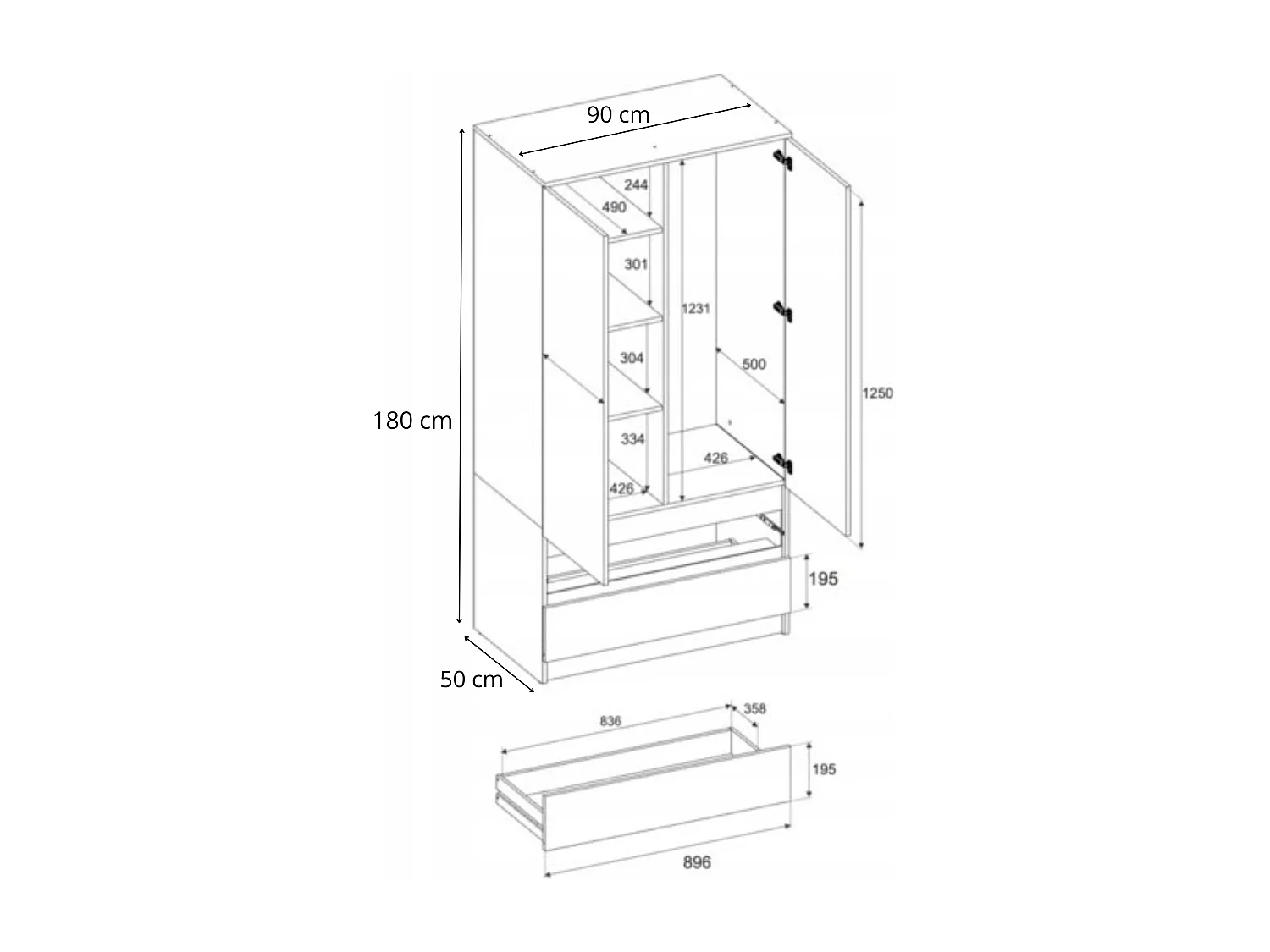 Armoire Dressing Moderne 90 cm – 2 Portes, 2 Tiroirs, Cachemire / Beige  – Grande Capacité de Rangement