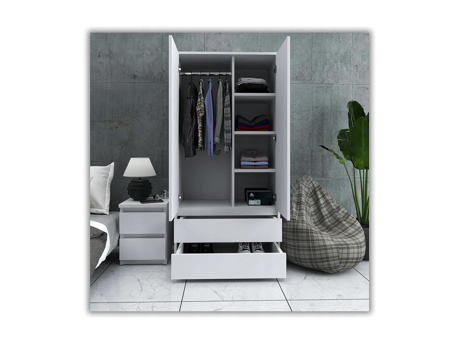 Armoire Dressing Moderne 90 cm – 2 Portes, 2 Tiroirs, Blanc Mat – Grande Capacité de Rangement