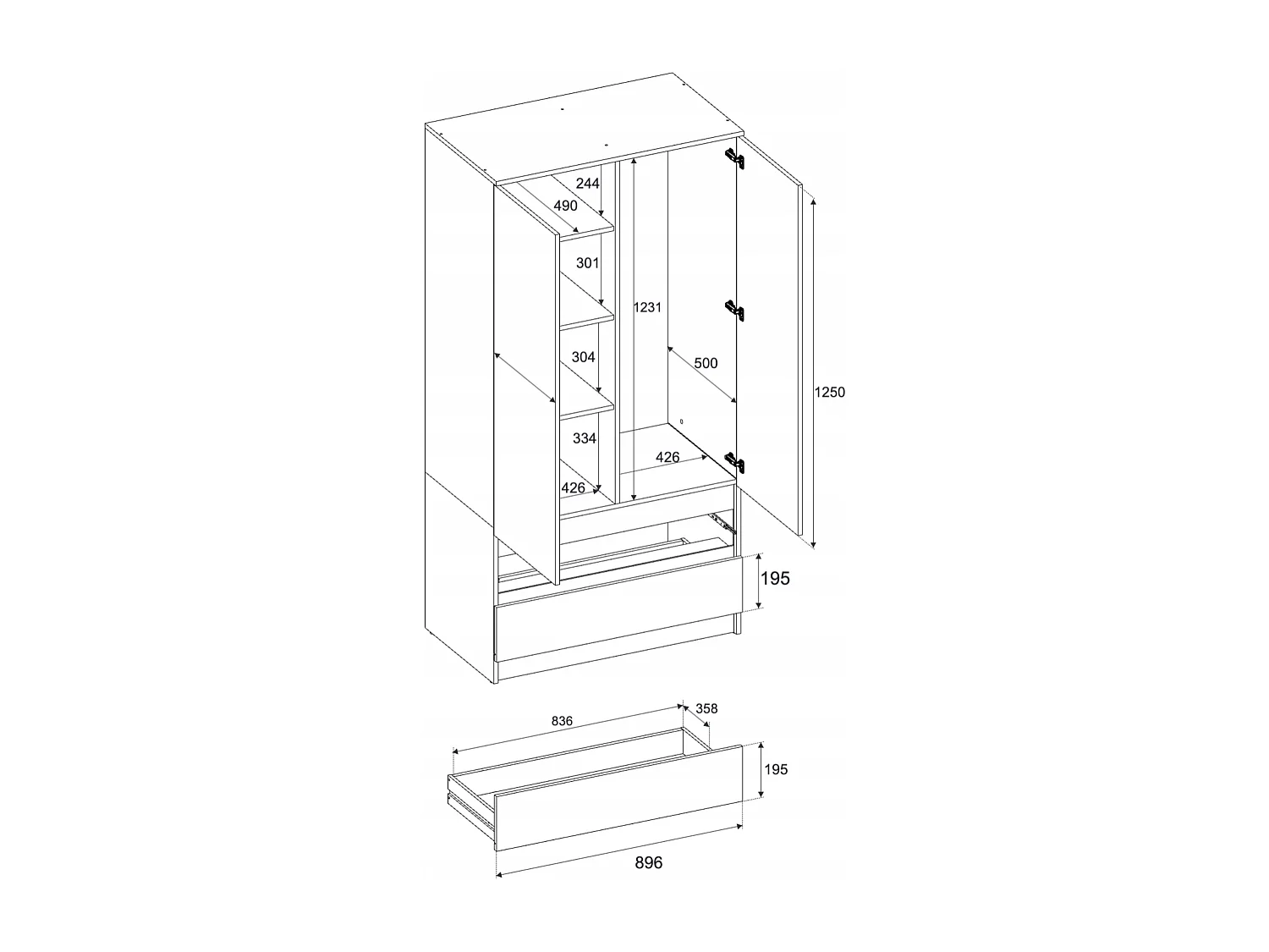 Armoire Dressing Moderne 90 cm – 2 Portes, 2 Tiroirs, Blanc Brillant– Grande Capacité de Rangement