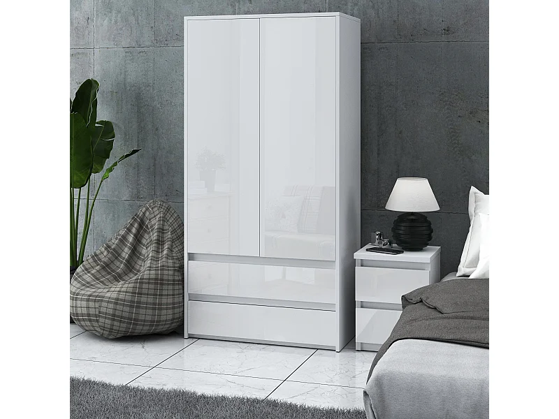 Armoire Dressing Moderne 90 cm – 2 Portes, 2 Tiroirs, Blanc Brillant– Grande Capacité de Rangement