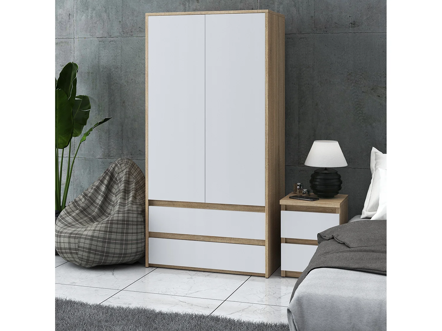 Armoire Dressing Moderne 90 cm – 2 Portes, 2 Tiroirs,  Chêne Sonoma + Blanc– Grande Capacité de Rangement