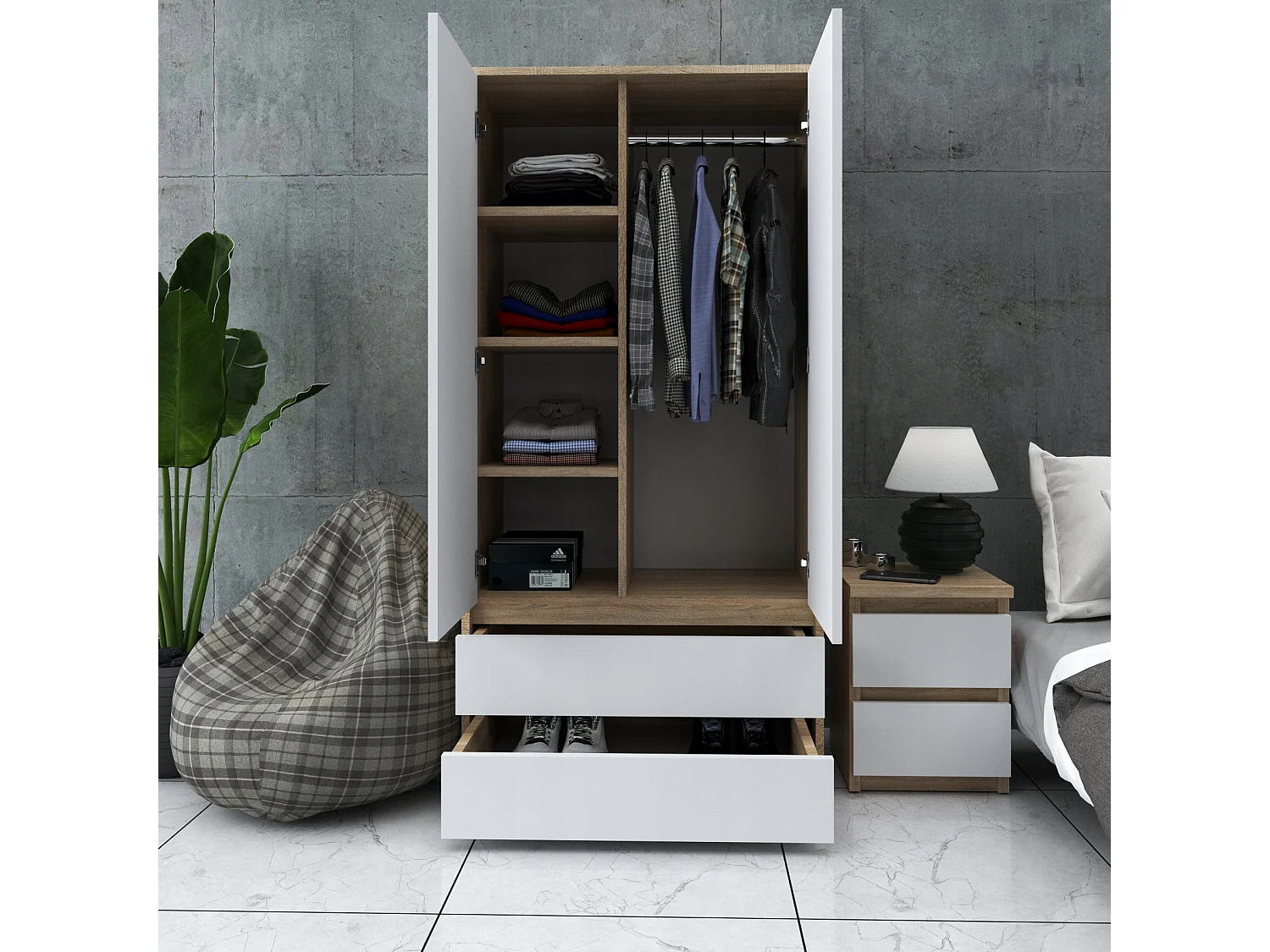 Armoire Dressing Moderne 90 cm – 2 Portes, 2 Tiroirs,  Chêne Sonoma + Blanc– Grande Capacité de Rangement