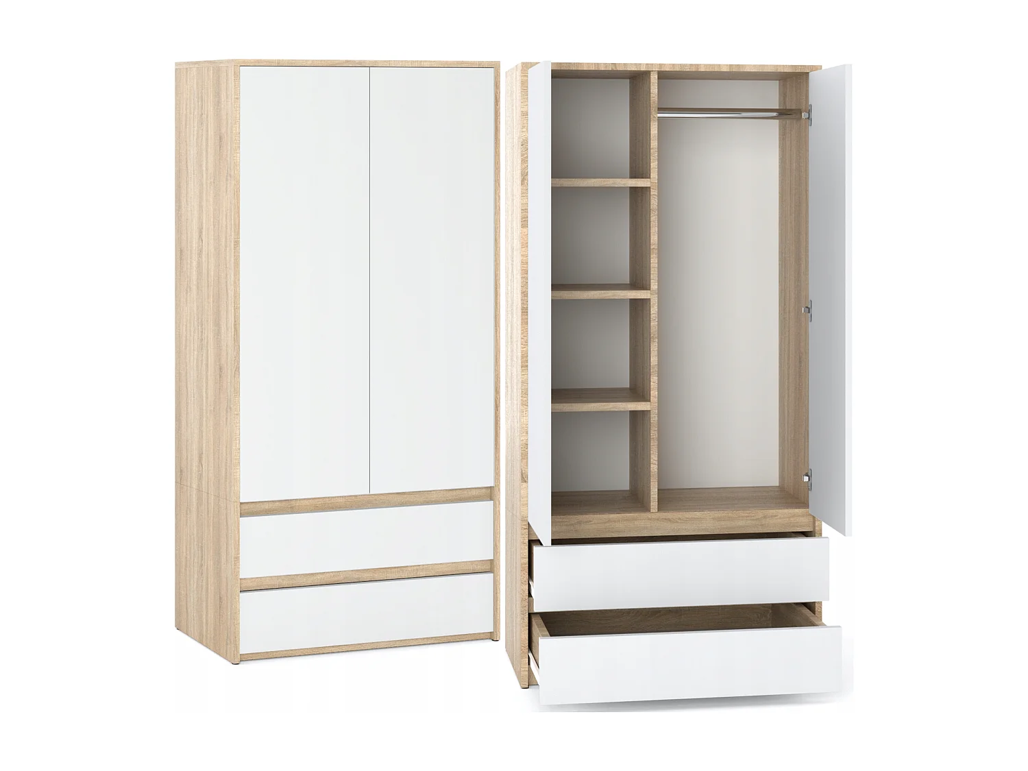 Armoire Dressing Moderne 90 cm – 2 Portes, 2 Tiroirs,  Chêne Sonoma + Blanc– Grande Capacité de Rangement