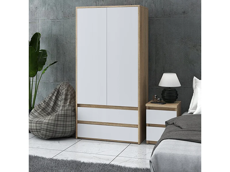 Armoire Dressing Moderne 90 cm – 2 Portes, 2 Tiroirs,  Chêne Sonoma + Blanc– Grande Capacité de Rangement