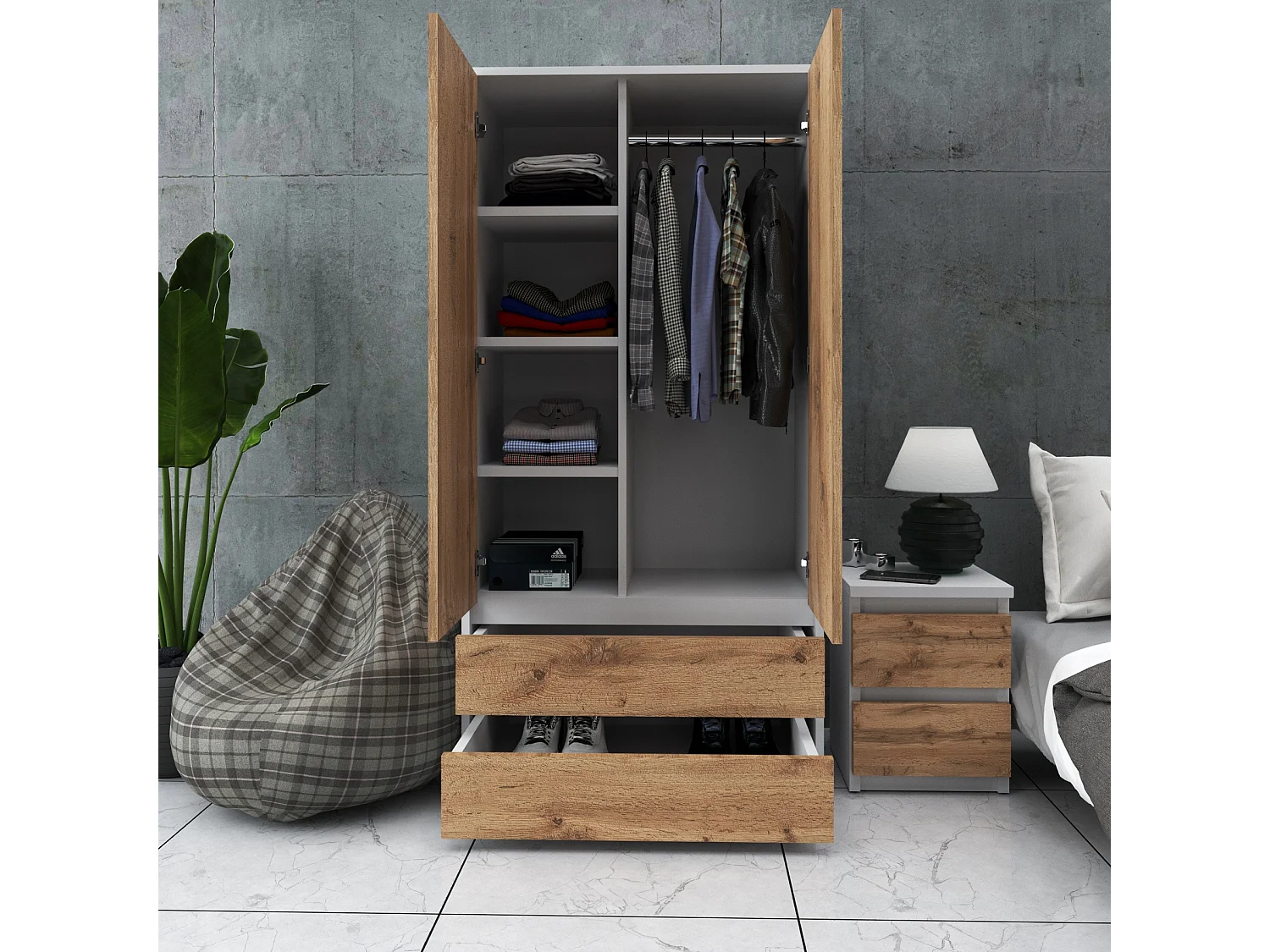 Armoire Dressing Moderne 90 cm – 2 Portes, 2 Tiroirs,  Blanc+ Chêne Wotan – Grande Capacité de Rangement