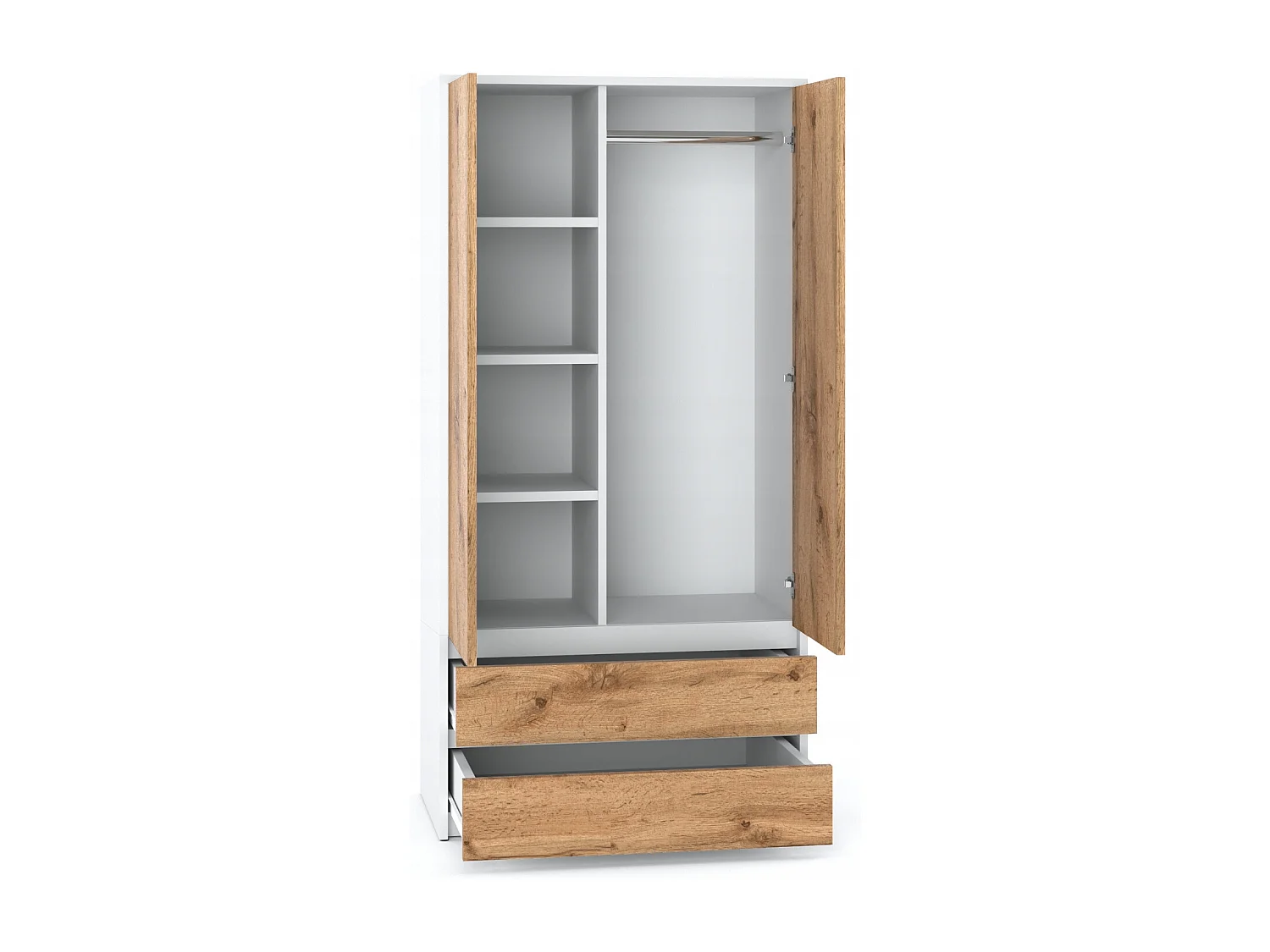 Armoire Dressing Moderne 90 cm – 2 Portes, 2 Tiroirs,  Blanc+ Chêne Wotan – Grande Capacité de Rangement