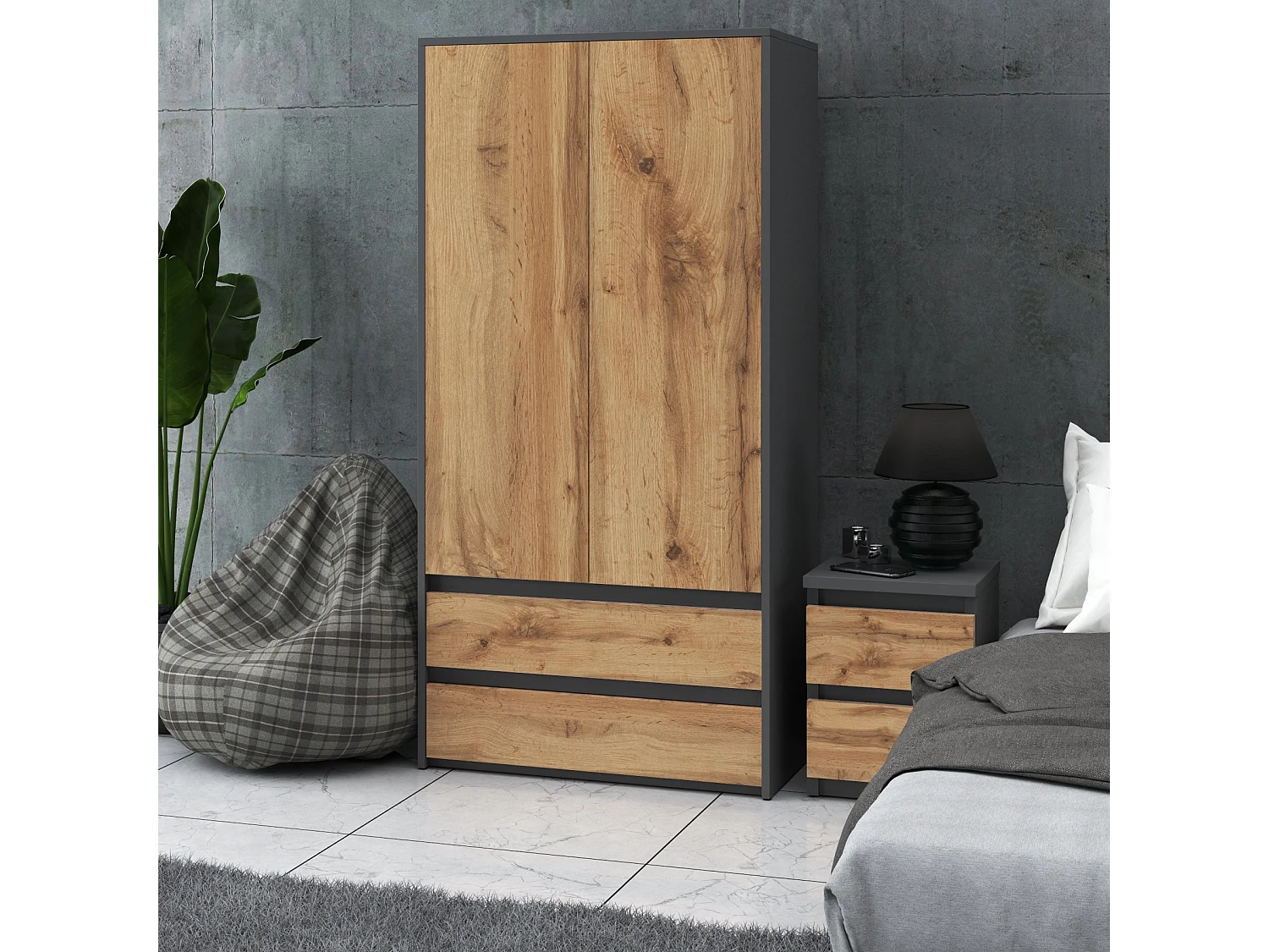 Armoire Dressing Moderne 90 cm – 2 Portes, 2 Tiroirs,  Gris+ Chêne Wotan – Grande Capacité de Rangement