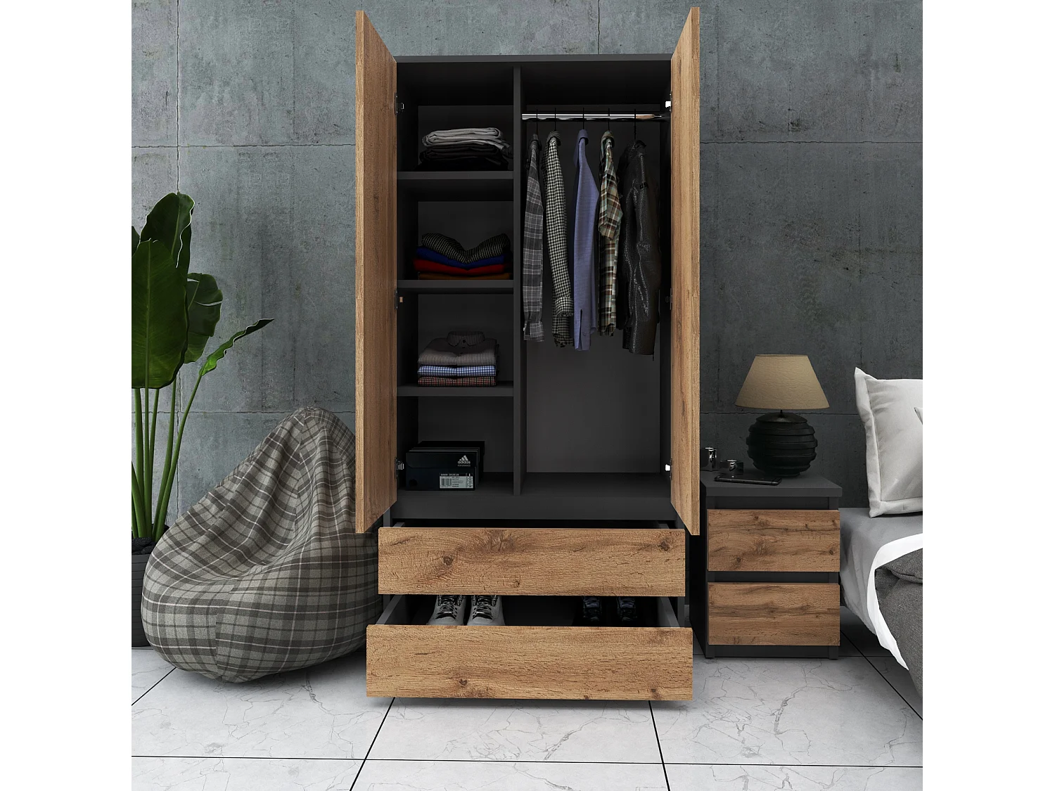 Armoire Dressing Moderne 90 cm – 2 Portes, 2 Tiroirs,  Gris+ Chêne Wotan – Grande Capacité de Rangement