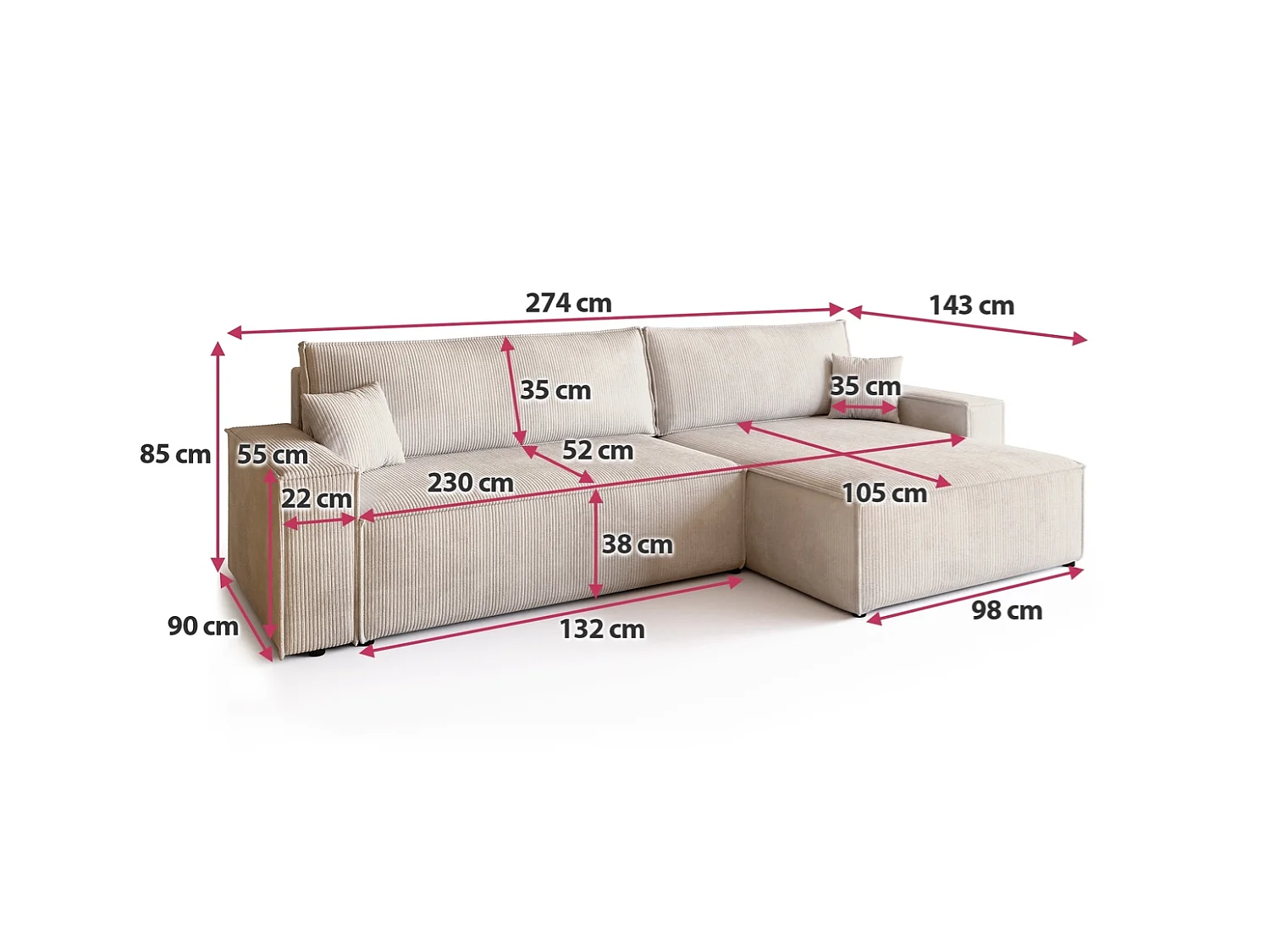 Canapé d'angle convertible 4 places en velours côtelé beige KARL