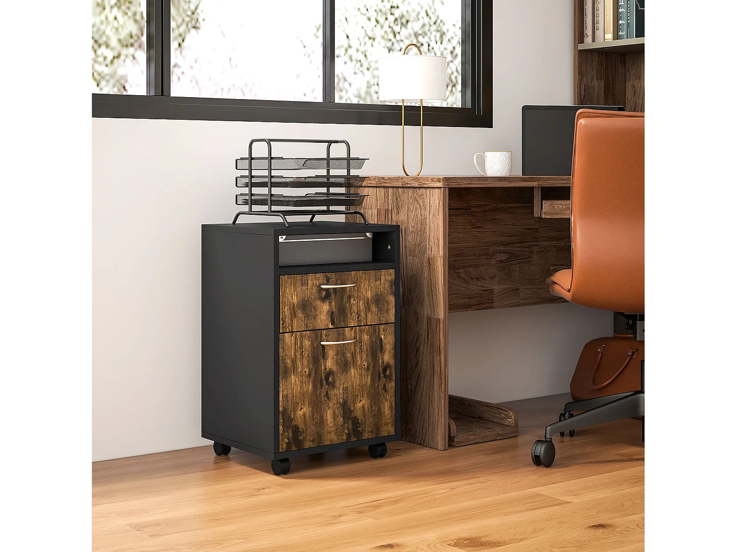 Caisson de bureau rangement bureau sur roulettes tiroir placard niche panneaux particules noir bois