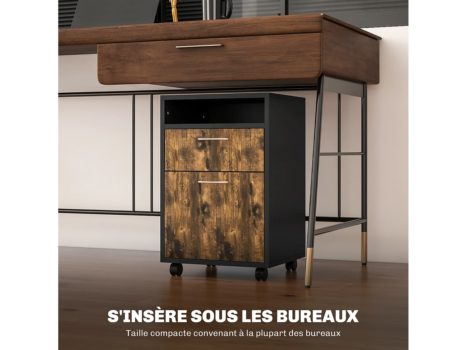 Caisson de bureau rangement bureau sur roulettes tiroir placard niche panneaux particules noir bois