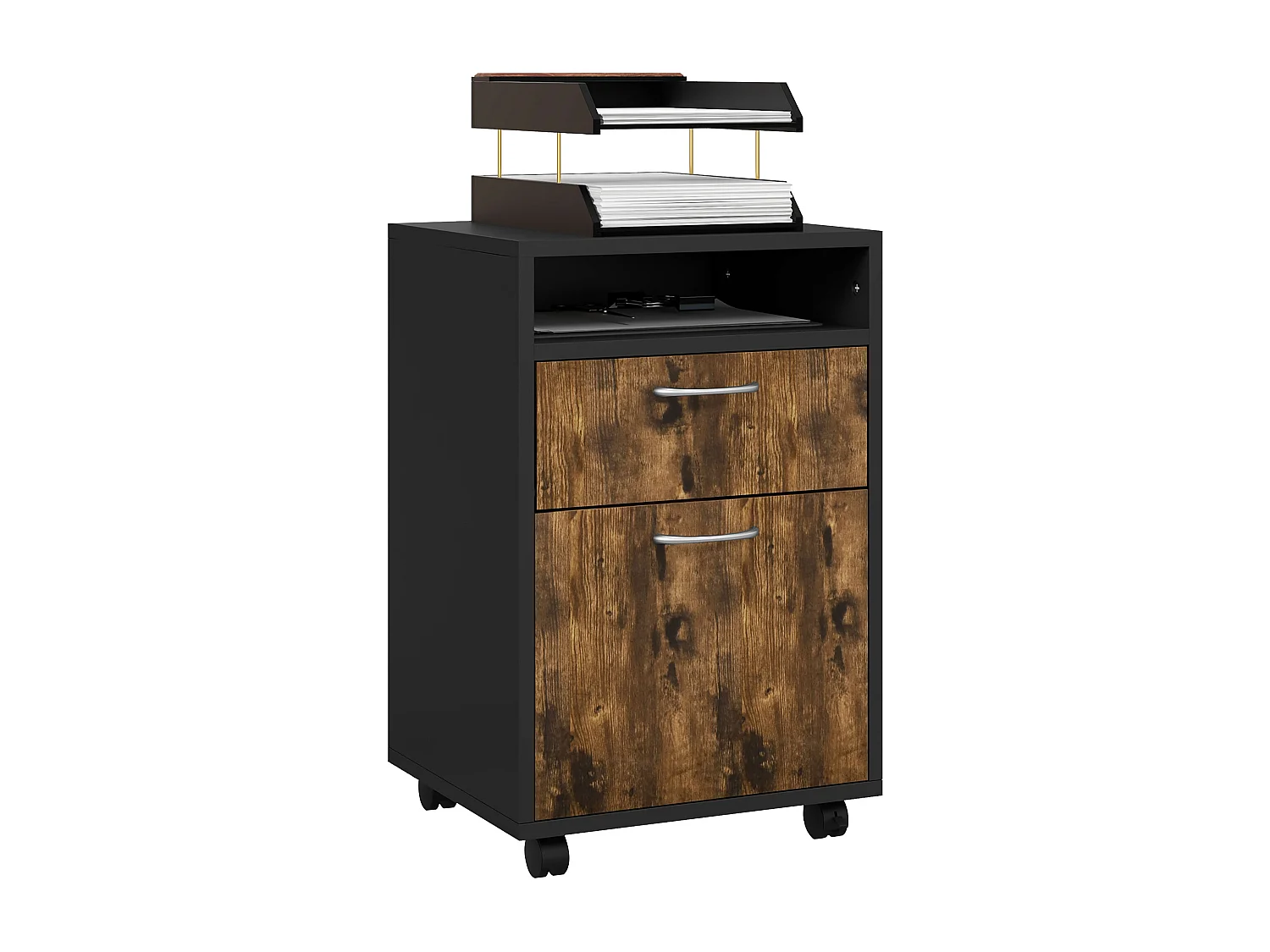 Caisson de bureau rangement bureau sur roulettes tiroir placard niche panneaux particules noir bois