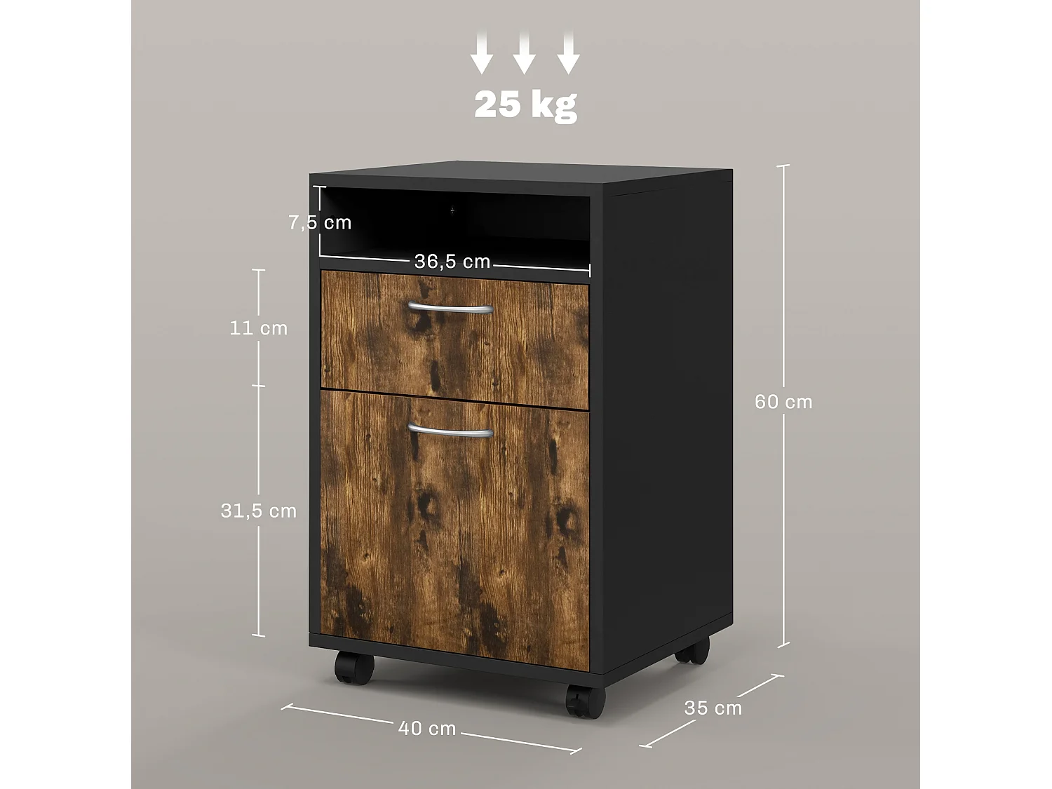 Caisson de bureau rangement bureau sur roulettes tiroir placard niche panneaux particules noir bois