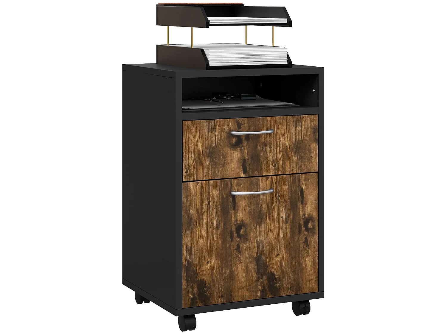 Caisson de bureau rangement bureau sur roulettes tiroir placard niche panneaux particules noir bois