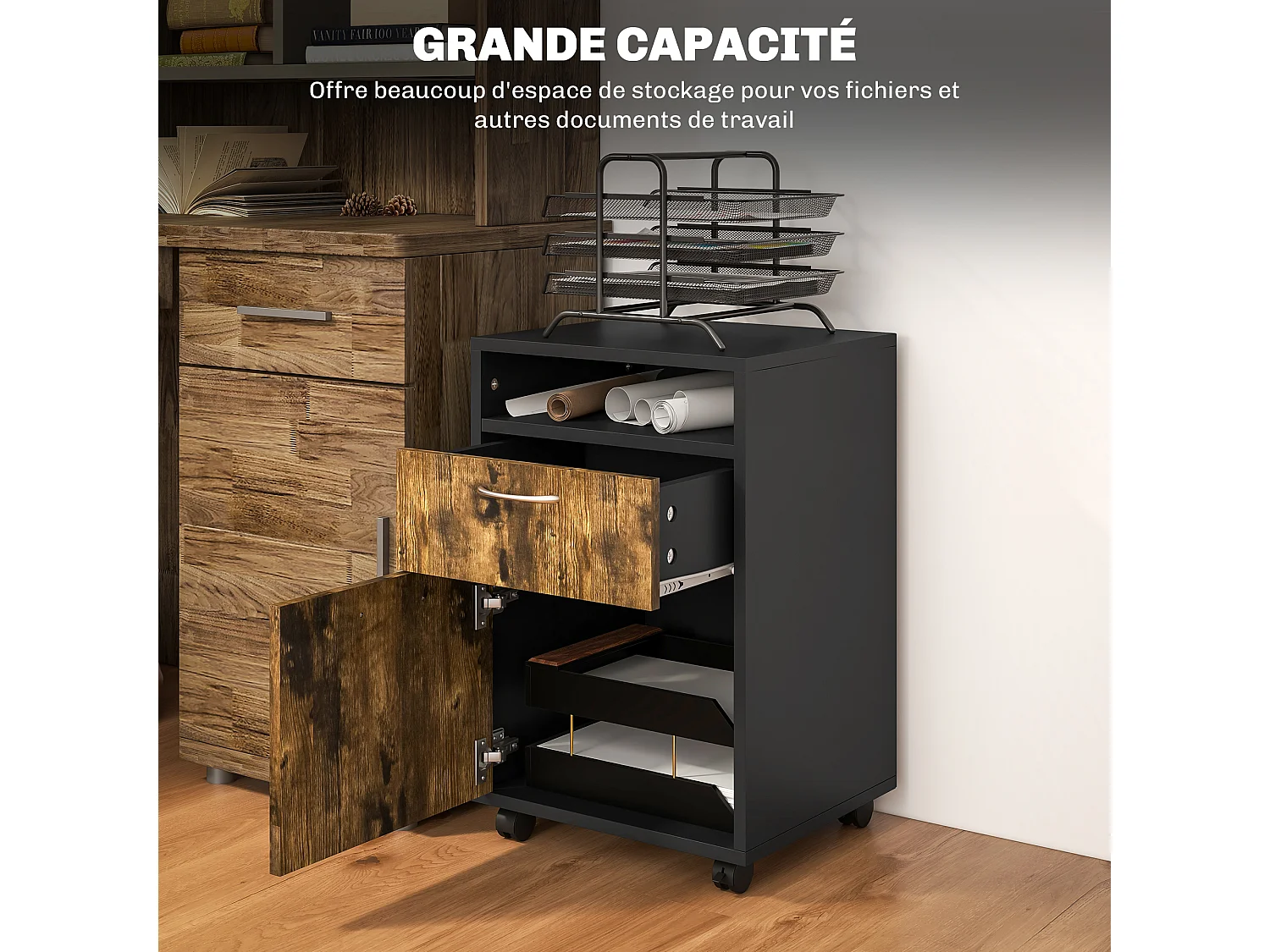 Caisson de bureau rangement bureau sur roulettes tiroir placard niche panneaux particules noir bois
