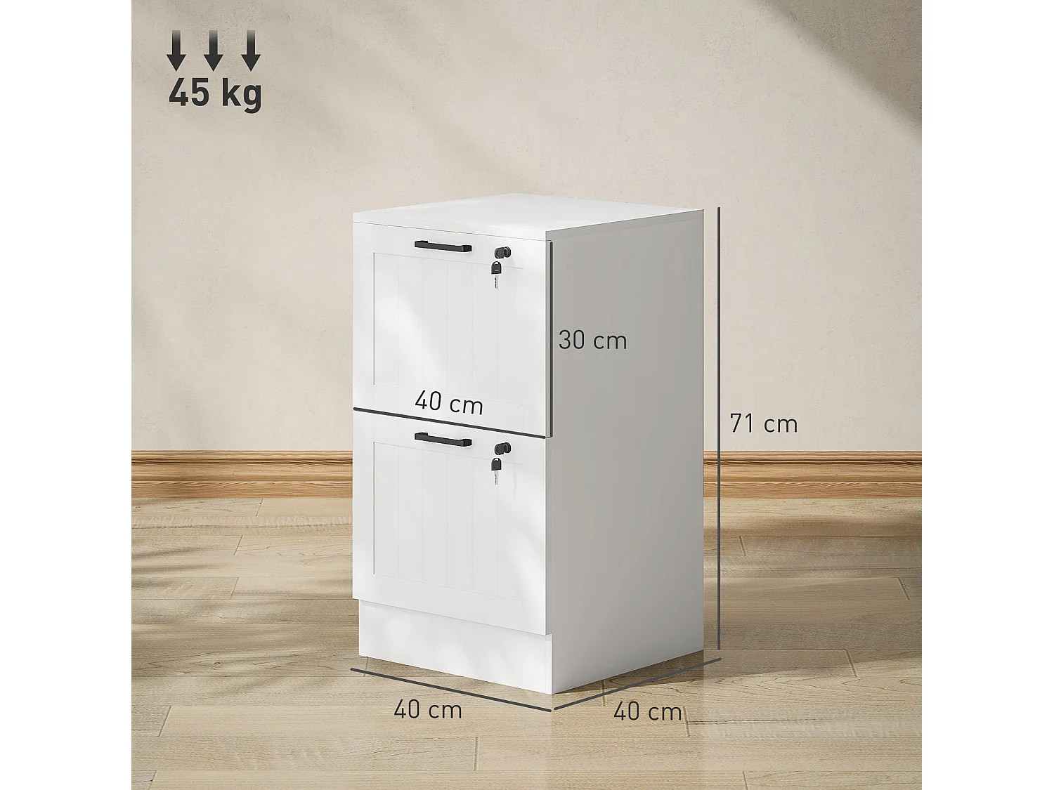 Caisson bureau 2 tiroirs verrouillables dossiers suspendus dim. 40x40x71cm MDF blanc