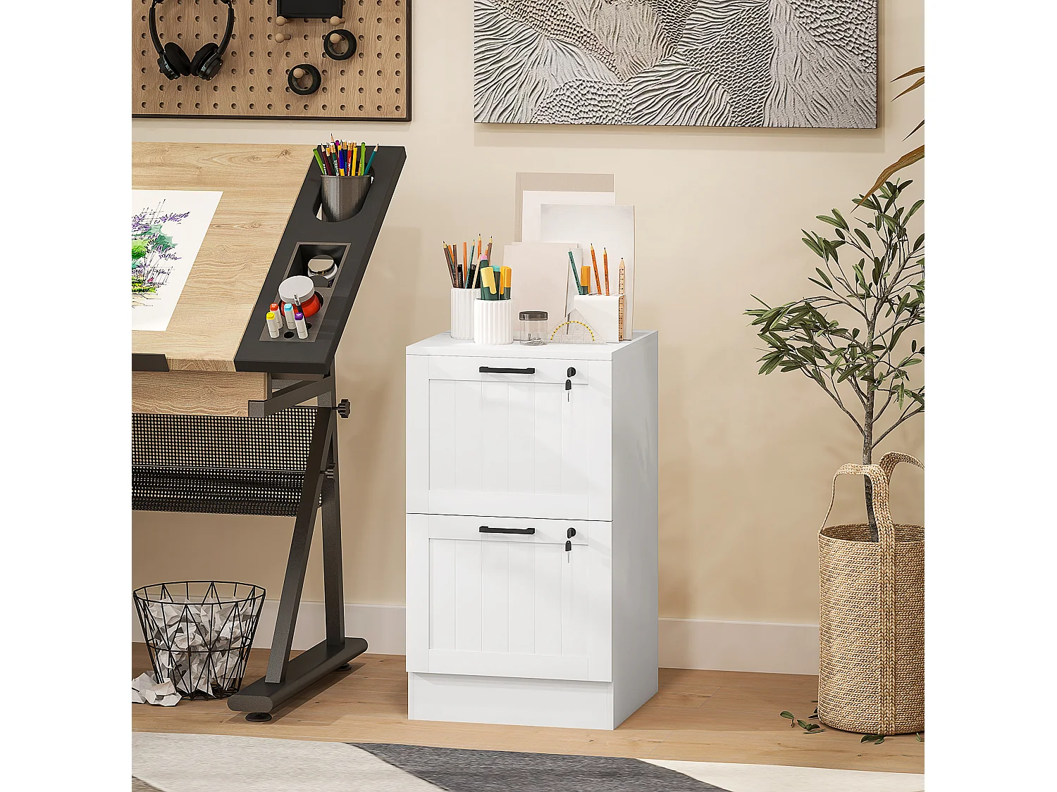 Caisson bureau 2 tiroirs verrouillables dossiers suspendus dim. 40x40x71cm MDF blanc