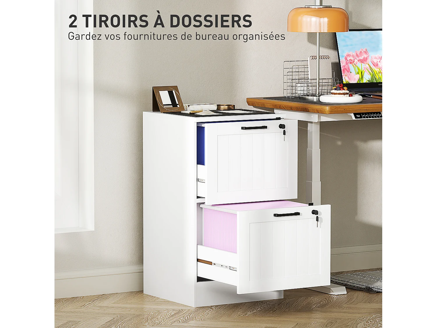 Caisson bureau 2 tiroirs verrouillables dossiers suspendus dim. 40x40x71cm MDF blanc