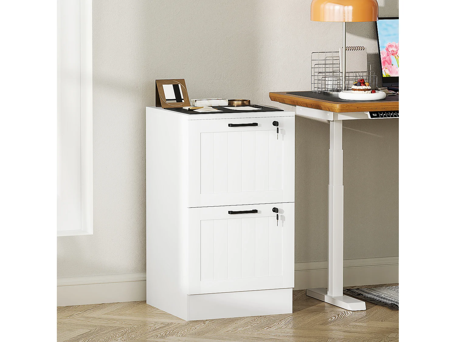 Caisson bureau 2 tiroirs verrouillables dossiers suspendus dim. 40x40x71cm MDF blanc