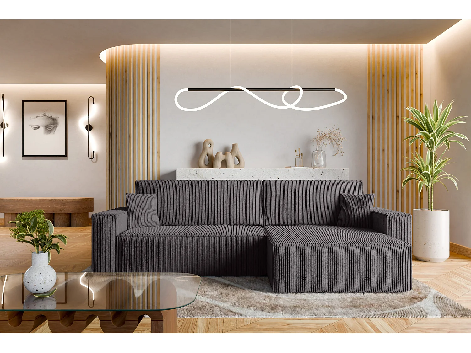 Canapé d'Angle convertible en velours côtelé gris Karl XL PREMIUM