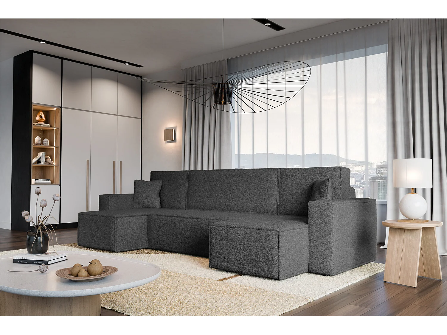 Canapé d'Angle convertible avec fonction de couchage tissu boucle anthracite Karl U du fabricant qualité premium