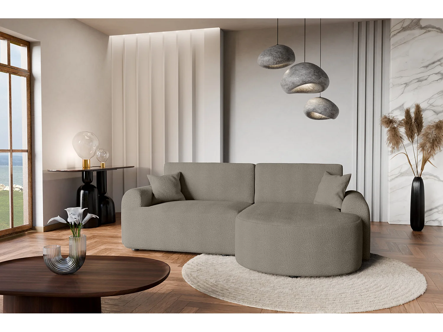 Divano angolare destro moderno con funzione letto in bouclé grigio – ARTE PREMIUM, direttamente dal produttore