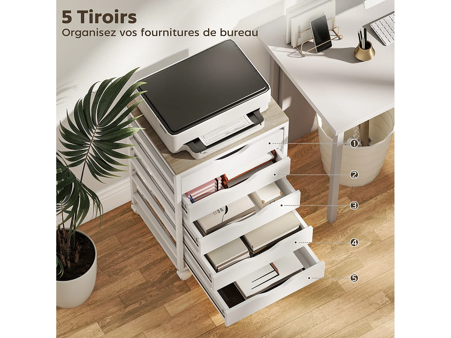 Caisson mobile de bureau 5 tiroirs dim. 50 x 40 x 74,5 cm blanc effet bois clair