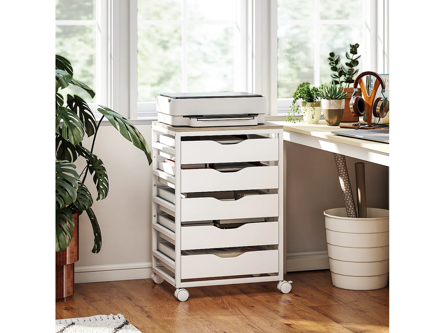 Caisson mobile de bureau 5 tiroirs dim. 50 x 40 x 74,5 cm blanc effet bois clair