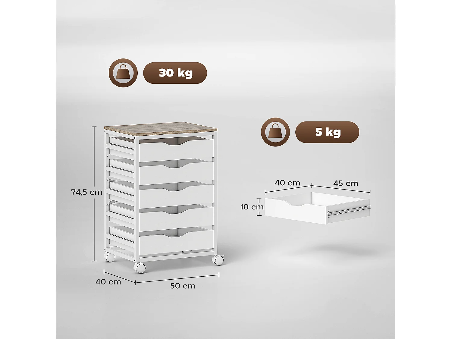 Caisson mobile de bureau 5 tiroirs dim. 50 x 40 x 74,5 cm blanc effet bois clair
