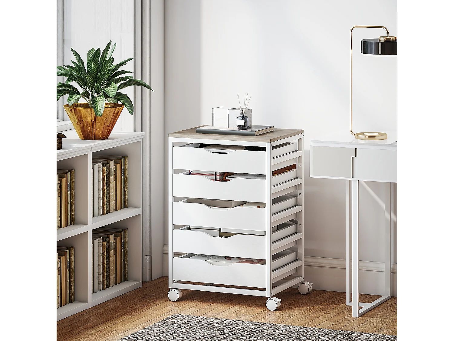 Caisson mobile de bureau 5 tiroirs dim. 50 x 40 x 74,5 cm blanc effet bois clair