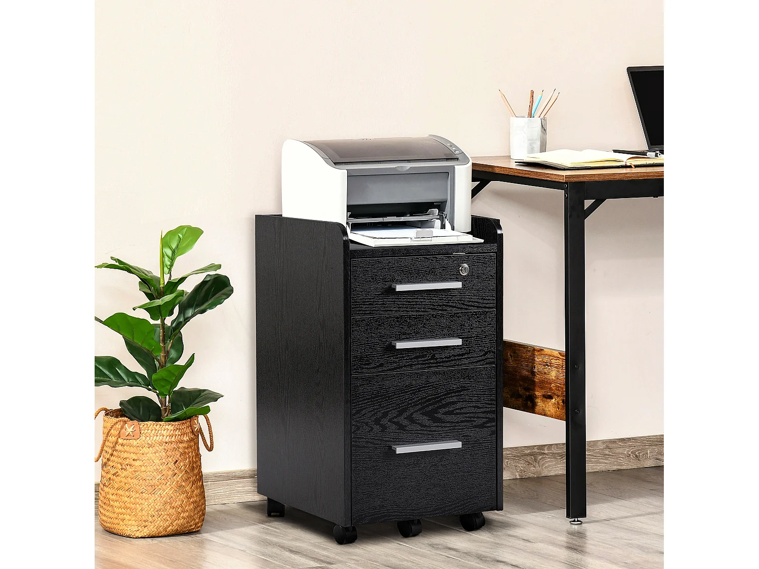 Caisson de bureau rangement bureau sur roulettes 3 tiroirs 1 verrouillable 1 trieur dossiers effet bois noir