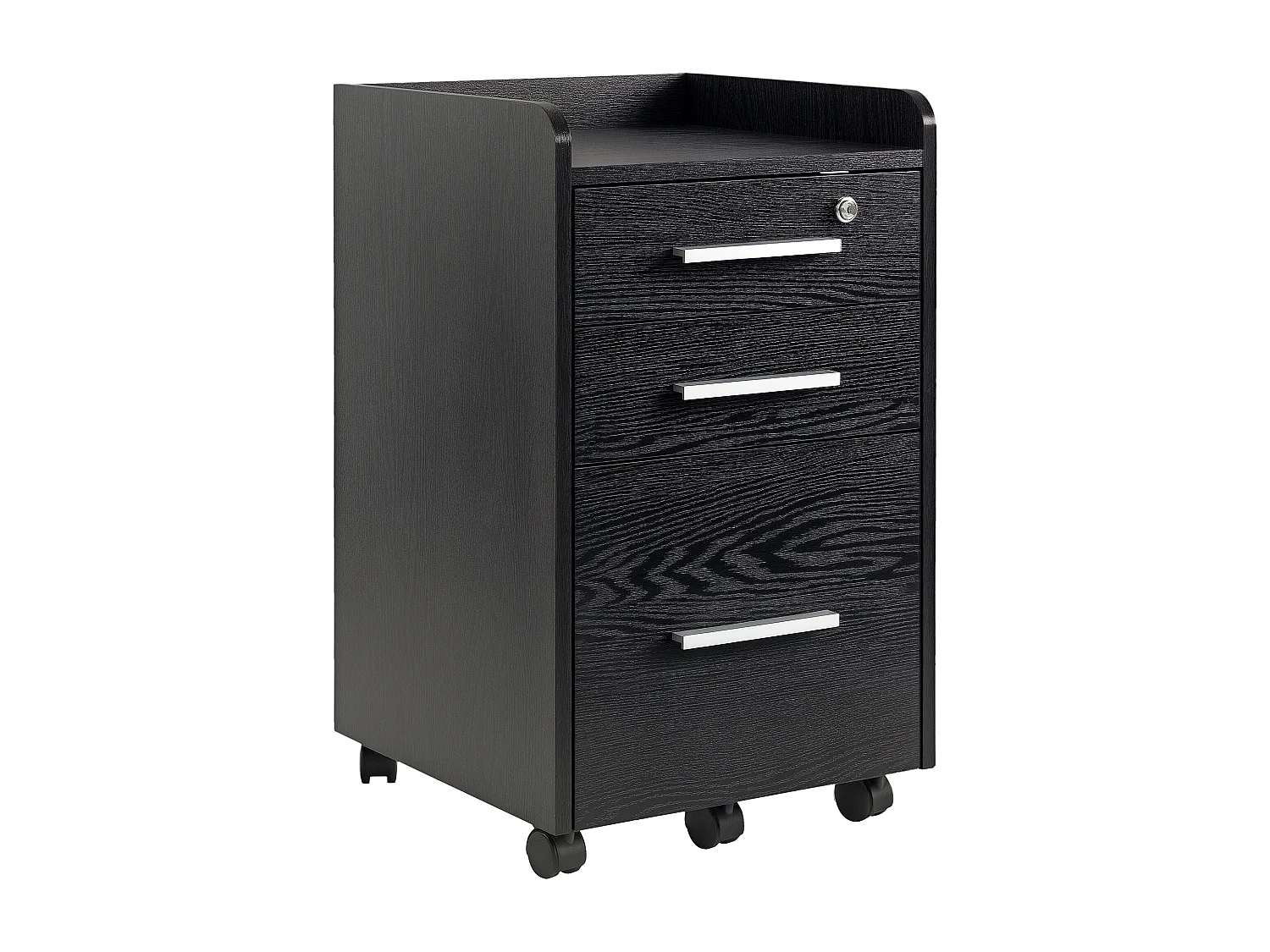 Caisson de bureau rangement bureau sur roulettes 3 tiroirs 1 verrouillable 1 trieur dossiers effet bois noir