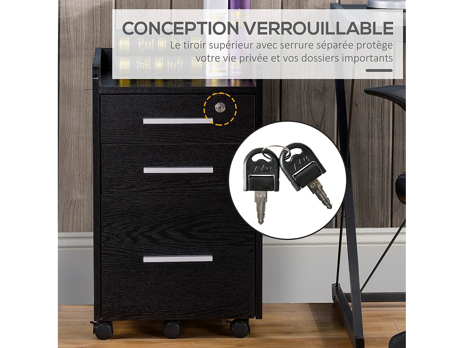 Caisson de bureau rangement bureau sur roulettes 3 tiroirs 1 verrouillable 1 trieur dossiers effet bois noir
