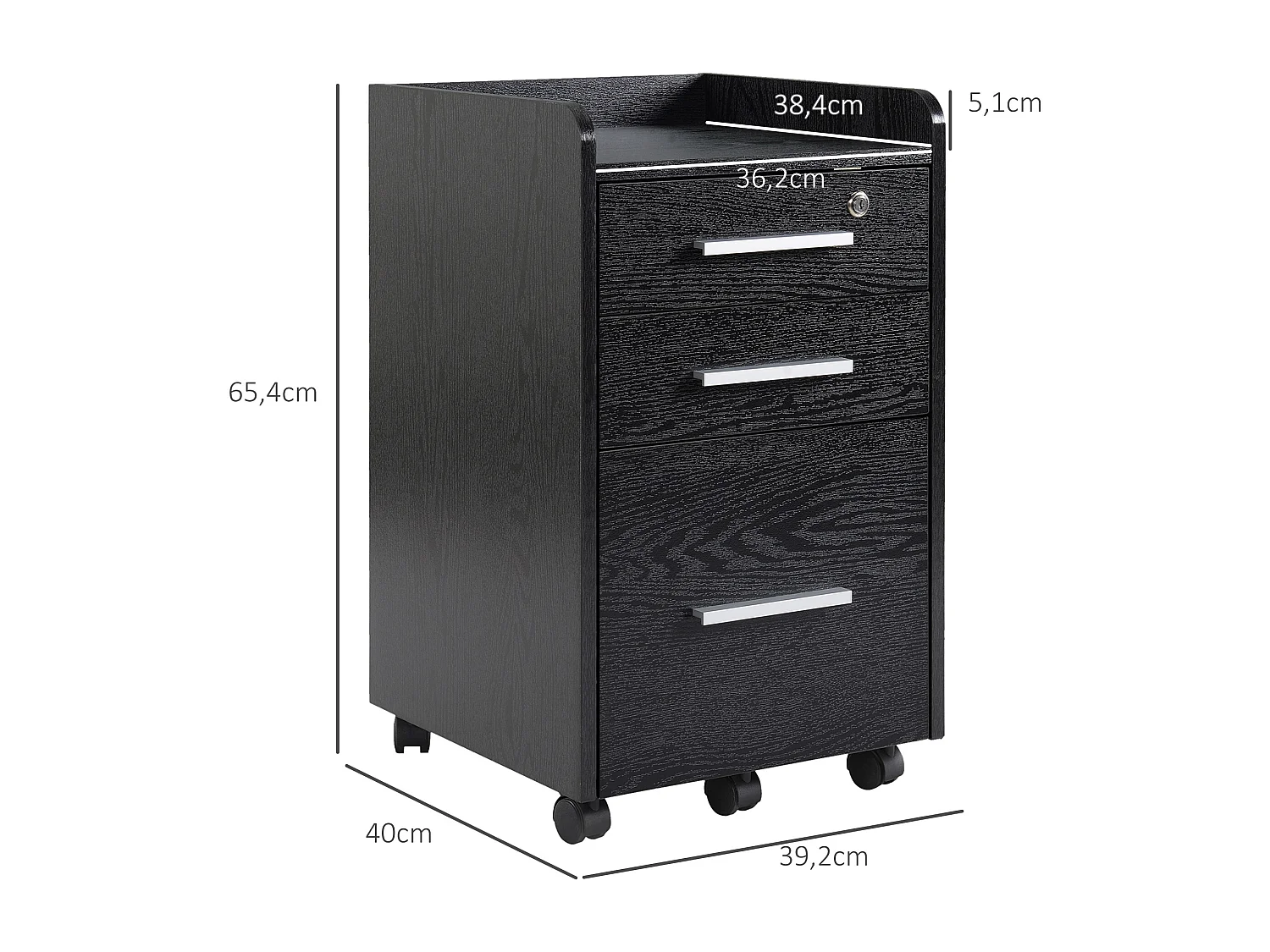 Caisson de bureau rangement bureau sur roulettes 3 tiroirs 1 verrouillable 1 trieur dossiers effet bois noir