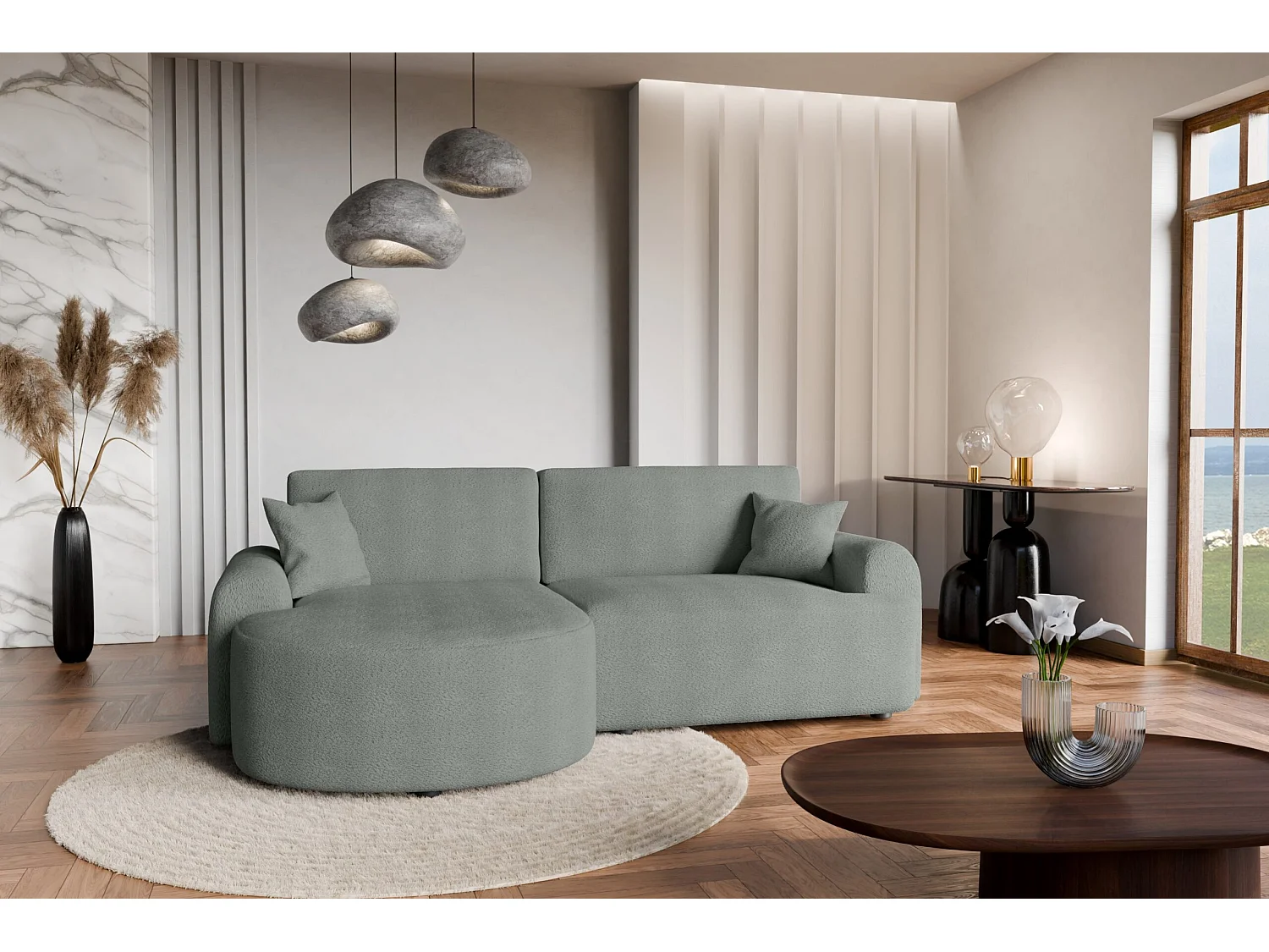 Canapé d’angle gauche moderne avec fonction couchage en bouclé gris clair – ARTE PREMIUM, direct fabricant