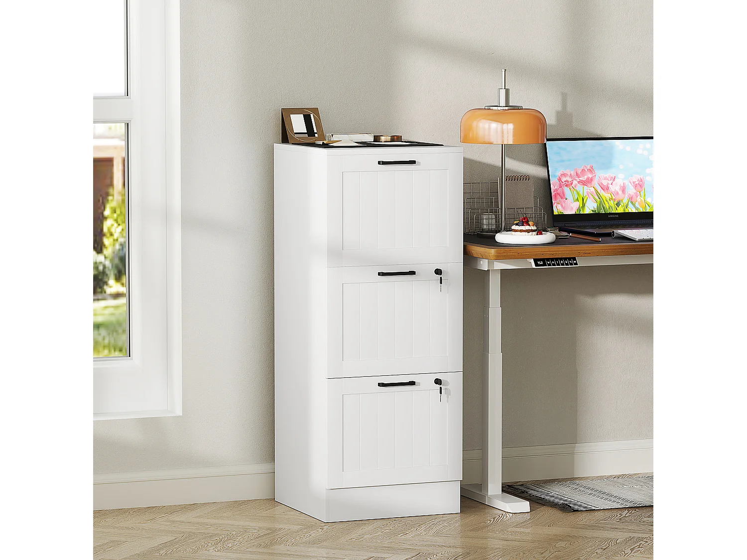 Caisson bureau 2+1 tiroir verrouillable dossiers suspendus dim. 40x40x101cm MDF blanc