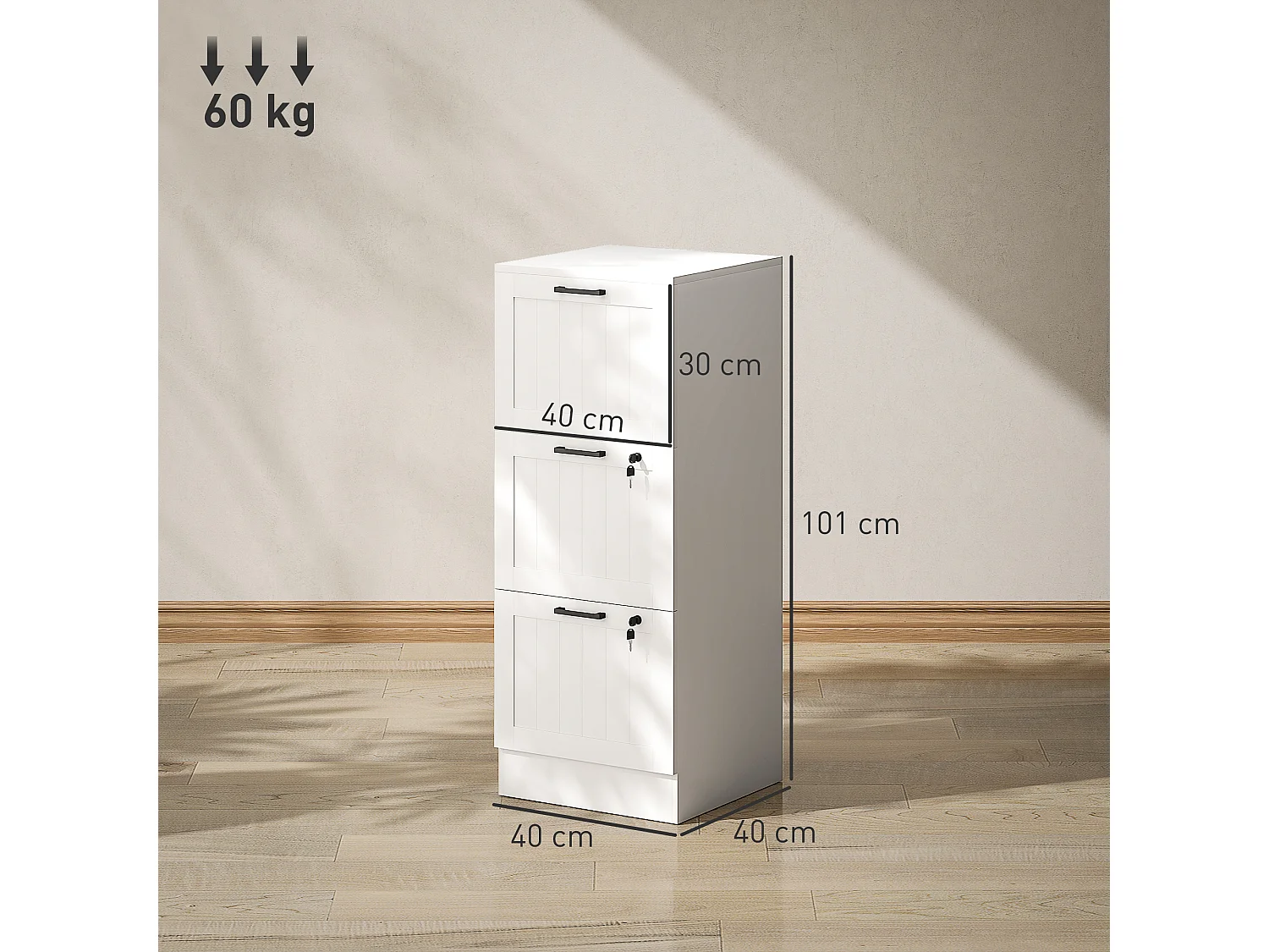 Caisson bureau 2+1 tiroir verrouillable dossiers suspendus dim. 40x40x101cm MDF blanc