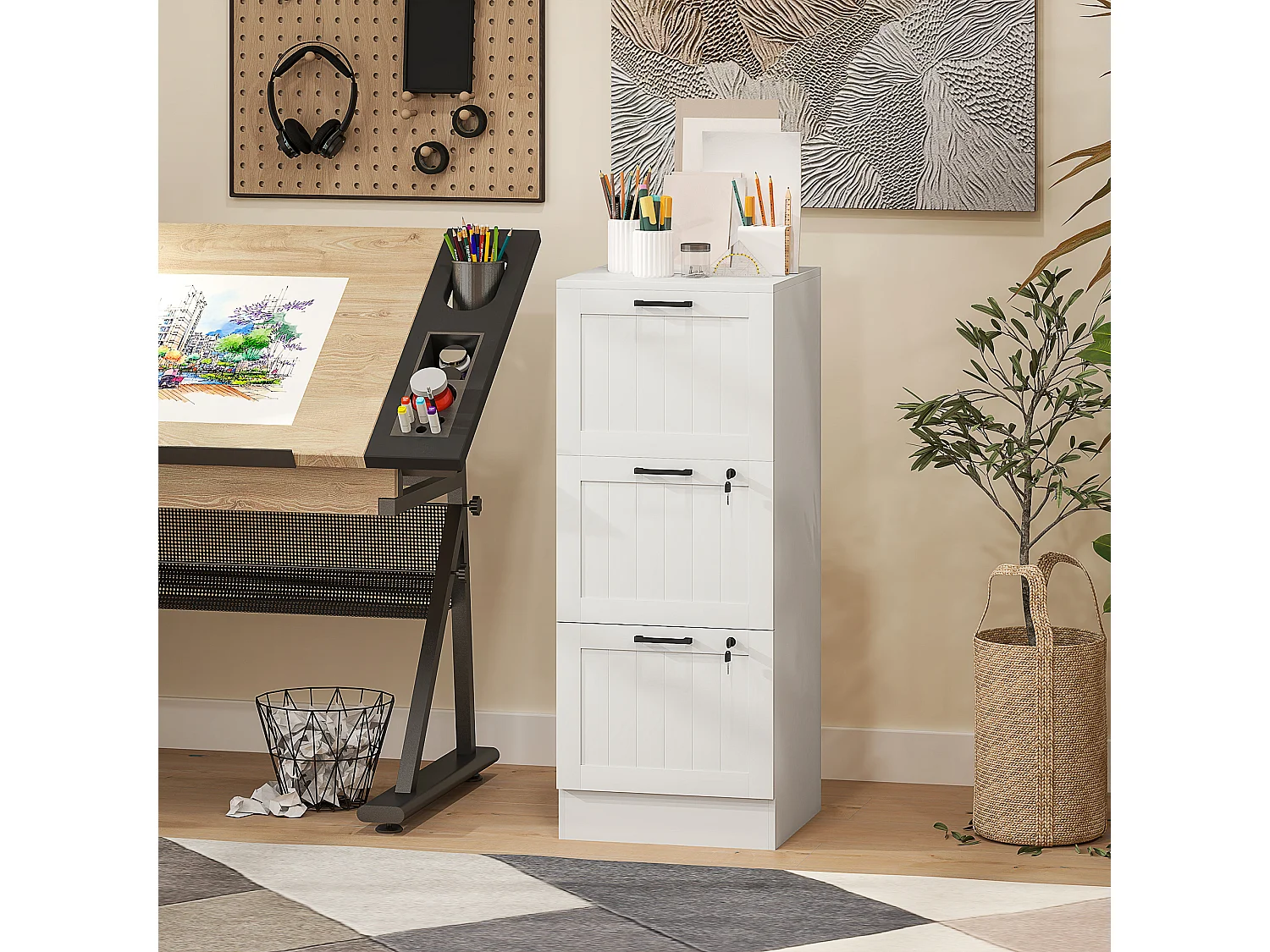 Caisson bureau 2+1 tiroir verrouillable dossiers suspendus dim. 40x40x101cm MDF blanc
