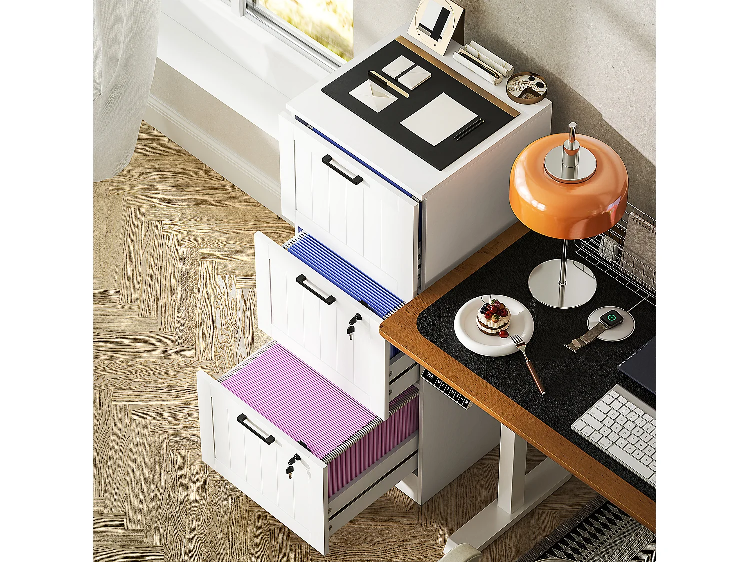 Caisson bureau 2+1 tiroir verrouillable dossiers suspendus dim. 40x40x101cm MDF blanc